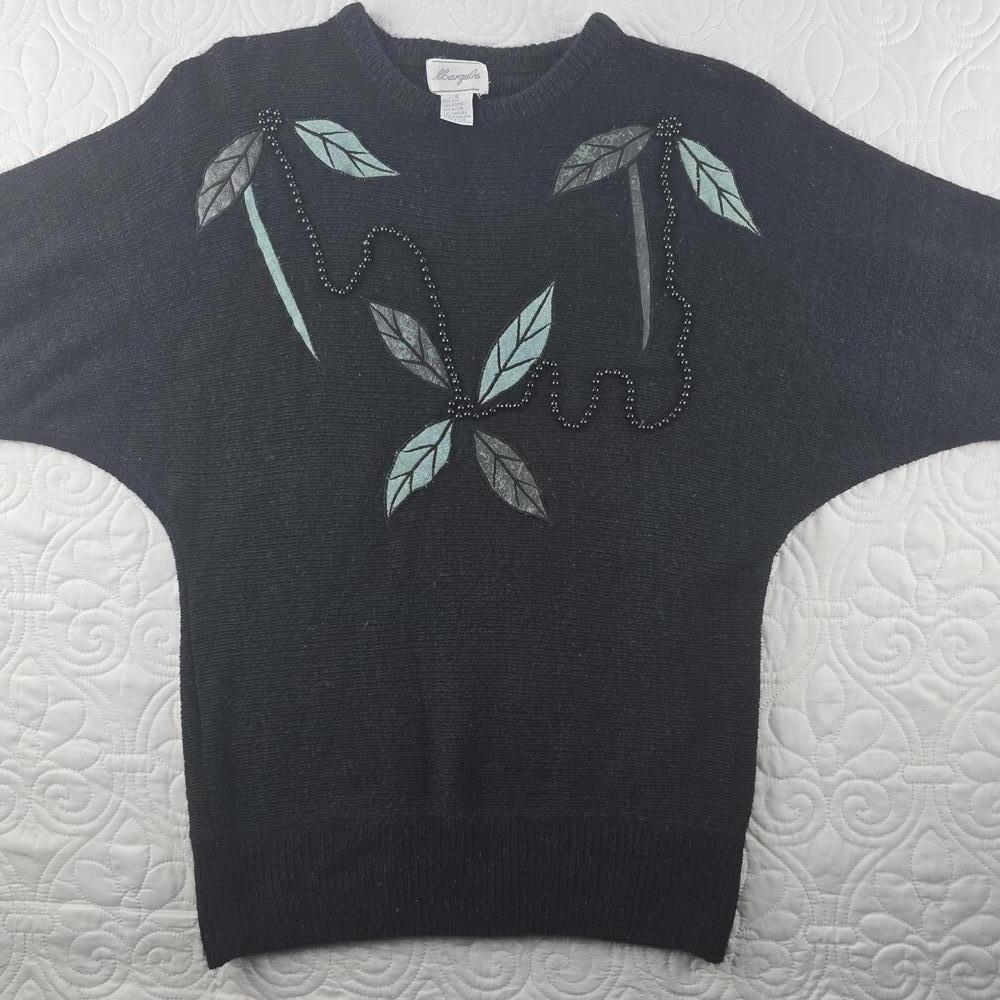 Vintage 80s/90's Silk/Angora Blend Black Beaded Leaf Pullover Sweater Size Small - Picture 4 of 8